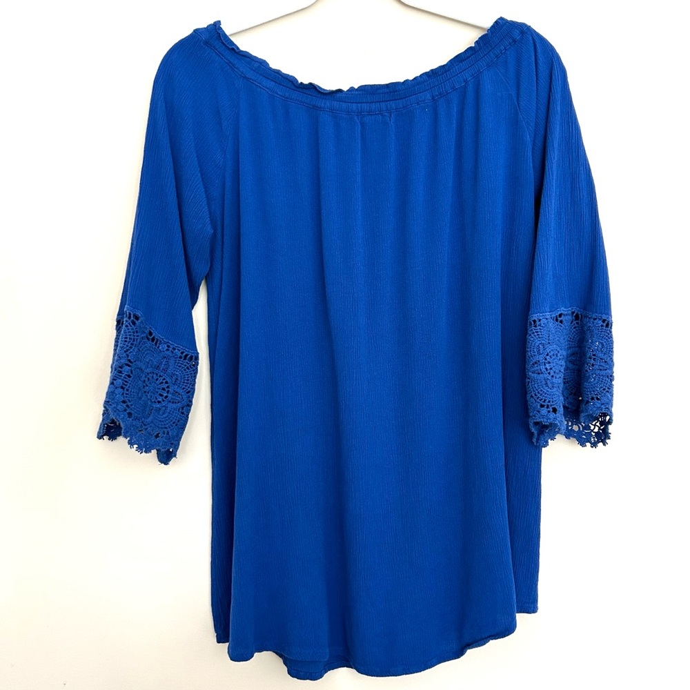 Chelsea & Theodore Royal Blue Lace Crochet Sleeve Peasant Top - Picture 6 of 8